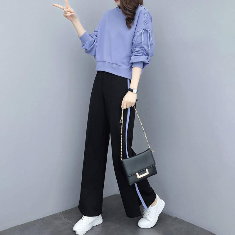 Women's Casual Suit Round Neck Long-sleeved Pullover Blouse + Loose Wide-leg Trousers Casual Two-piece Simple Style Comfortable and Warm