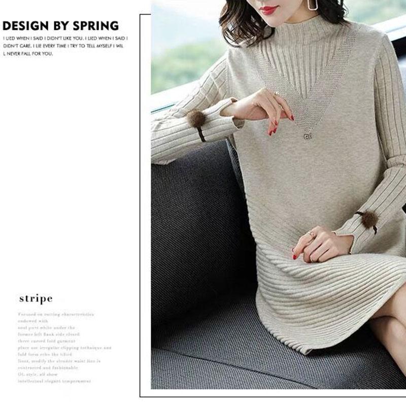 Autumn and Winter Long Thick A-line Knitted Dress Women Loose Pullover Sweater Dress Bottoming Wool Sweater