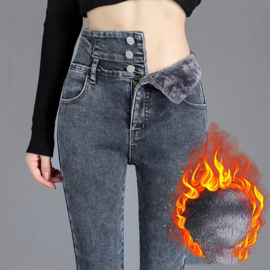 Fleece High-waist Jeans Women's Feet Winter Slim Slimming Skinny All-match Pencil Thickened Pants Warm and Windproof Single-breasted