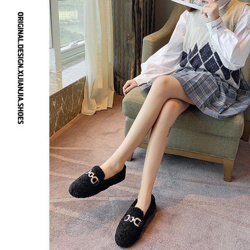Women Winter Warm Faux Fur Flat Shoes Casual Fuzzy Loafers Ladies Slip on Plush Shoes Large Size 35-43