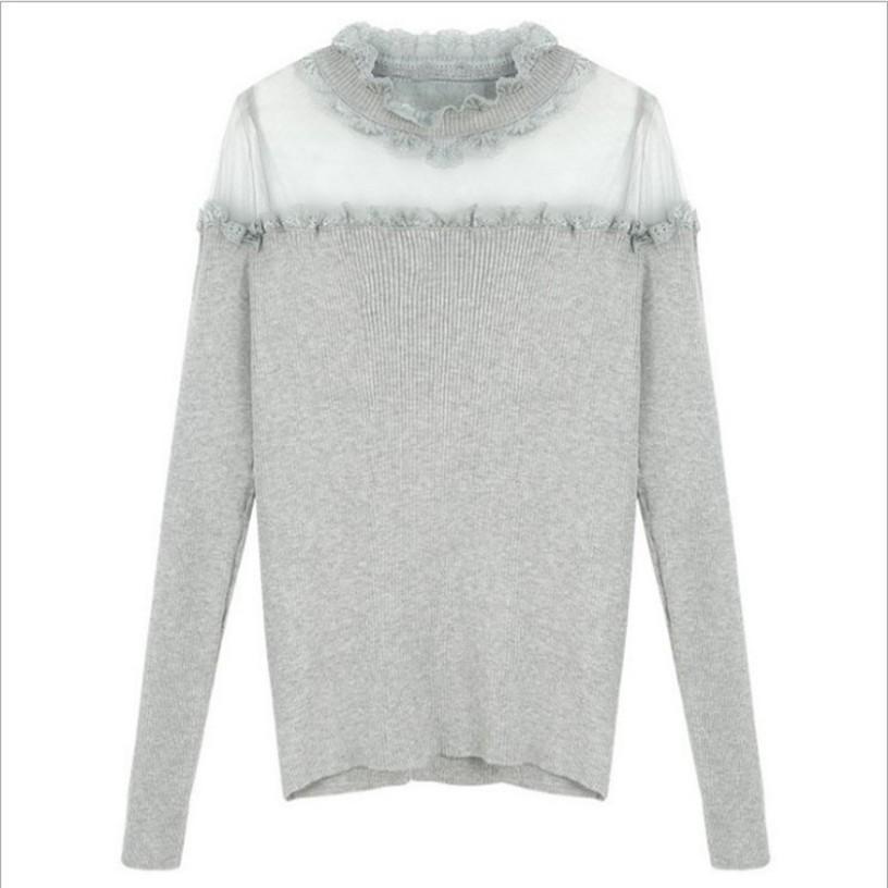 Mesh Off Shoulder Sweater Ladies T-Shirt Spring Summer Sexy Lace Slim Fit Long Sleeve Knit Pullover Bottoming Top