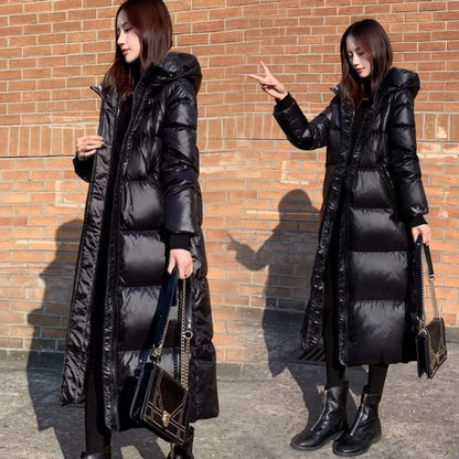 Women's New Style Black Down Cotton Jacket Korean Long Shiny Cotton Jacket Women Slim Jacket