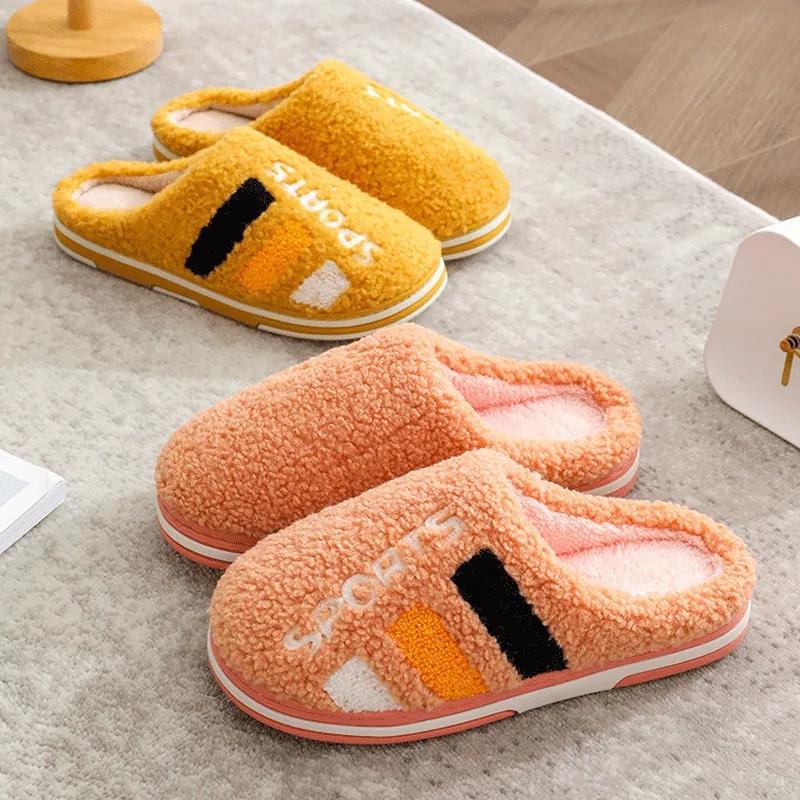 Autumn Winter Women Men Slippers Soft Sole Home Shoes Thick Warm Indoor Slippers Non-slip Sliders Cute Comfortable Footwear Couple Fur Fluffy Sliders