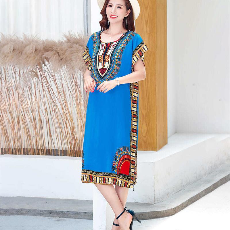 Summer Ethnic Print Dress Round Neck Cotton and Linen short  Sleeve Loose Mid-length Vest Skirt Daily Thin