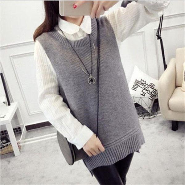 Spring and Autumn Knitted Loose Vest Skirt Round Neck Mid-length Casual Suspender Skirt Fashion Simple Female Vest Skirt