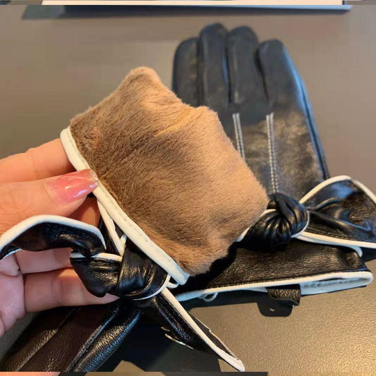 Ladies Leather Gloves Autumn and Winter Warm Touch Screen Plus Velvet Cold-proof Wind-proof Waterproof Cycling Gloves Cute Student Outdoor Play Gloves