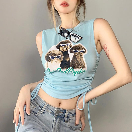 Summer Ladies Vest Fashion Retro Love Puppy Magic Mirror Print Short Side Drawstring Thin Round Neck Vest Sweet and Spicy Top