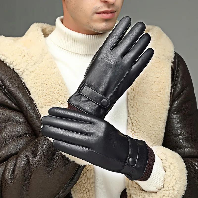 Men's Winter Leather Gloves Warm and Velvet Waterproof Touch Screen Gloves Motorcycle Gloves