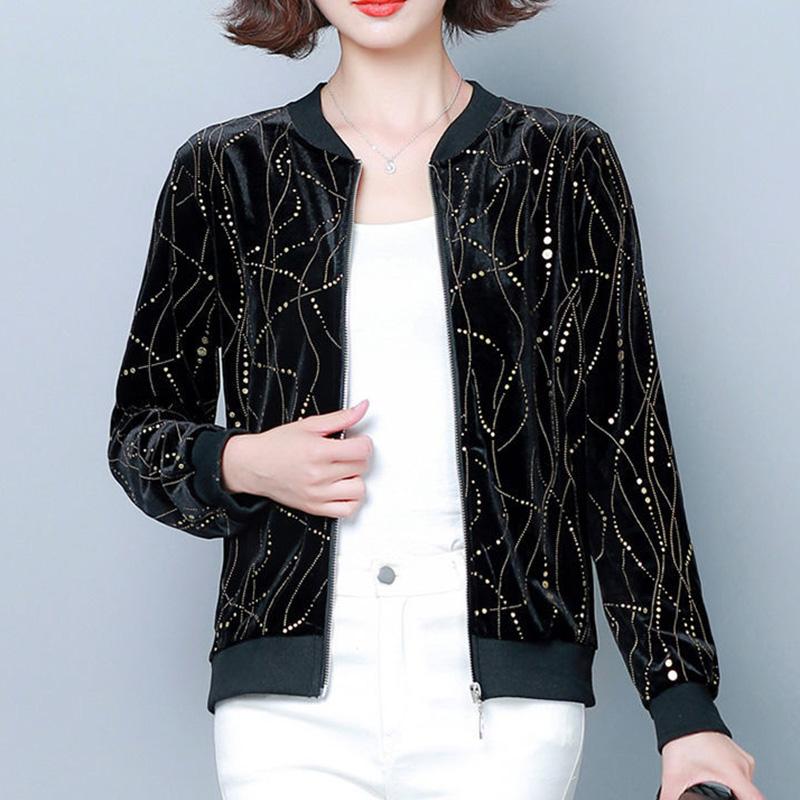 Autumn and Winter Loose Gold Velvet Printed Short Coat Women's Casual Baseball Uniform Loose Long-sleeved Cardigan Top