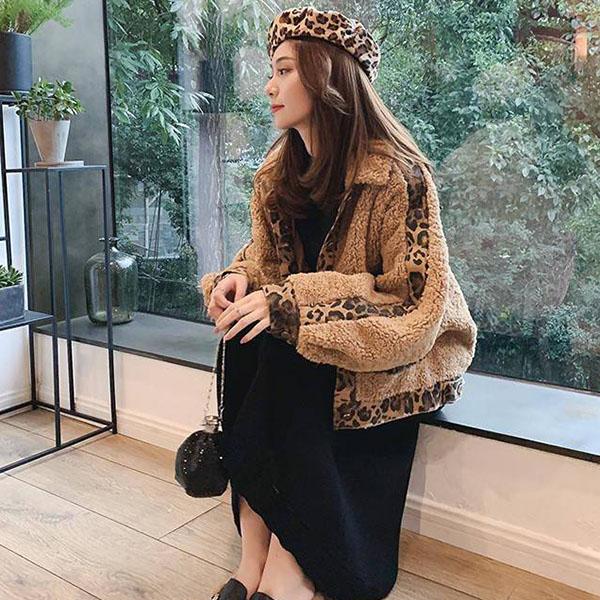 Autumn Winter Women's Loose Imitation Lambs Wool Jacket Coat Student Warmth Leopard Stitching Denim Parka