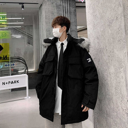 Winter Hong Kong Style Mid-length White Duck Down Jacket Men's Korean Version of The Trend Loose Casual Hooded Fur Collar Ins Jacket