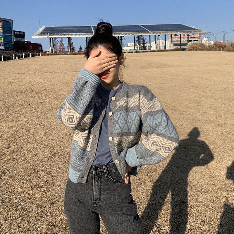 Knitted Top Korean Version All-match Lazy Style Retro Knitted Short Colorblock Long-sleeved Niche Knitted Jacket 2022