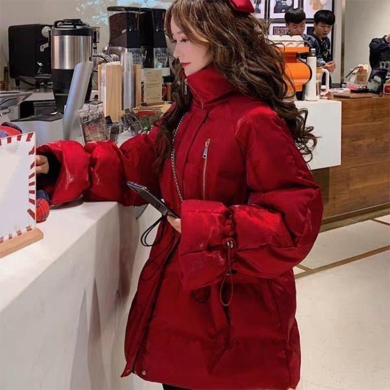 Women's Shiny Mid-length Down Jacket Winter Korean Style Loose Coat Quilted Jacket Warm Stand-collar Down Jacket
