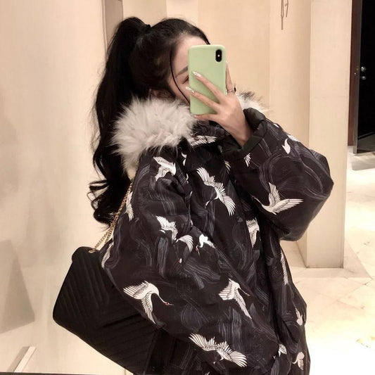 Women's Cotton-padded Jacket Winter Loose Wild Thin Thick Crane Cotton-padded Jacket Padded Jacket Fluffy Fur Collar Hooded Down Jacket Padded Jacket