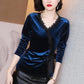 Casual Lace Velvet TShirts Sexy V-Neck Long Sleeve Blouse Women Elegant Short Tops Autumn Pullover