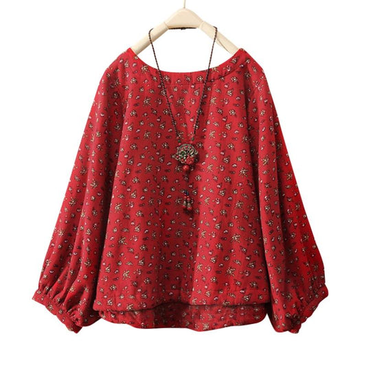 Women's Plus Size Floral Round Neck Long Sleeve Blouse