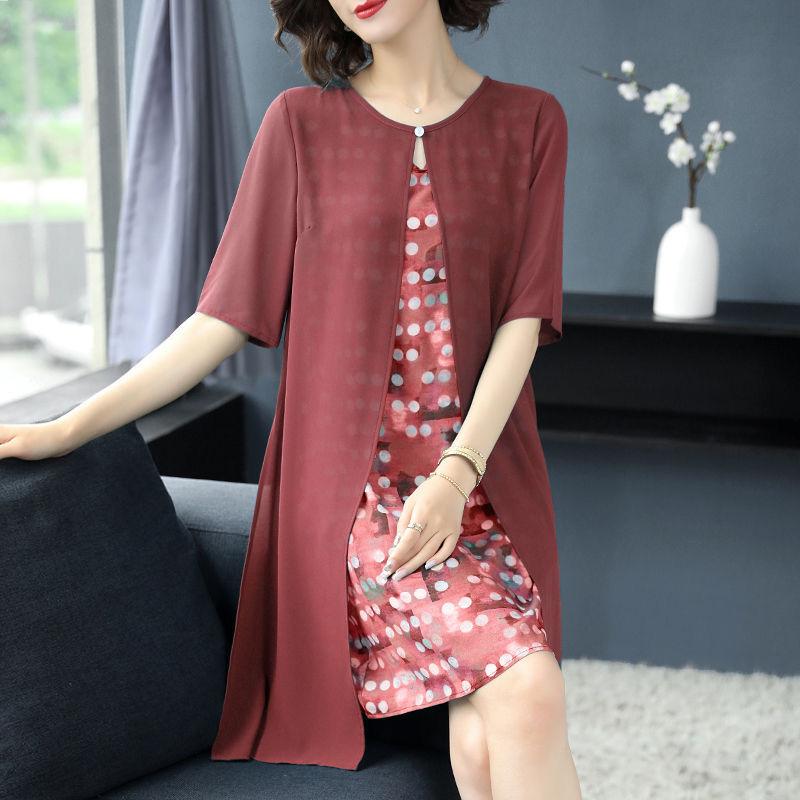 Ladies Dress Round Neck Large Size Loose Fake Two-piece Dress Chiffon Skirt Middle-aged Mother