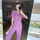 Summer Short Double-breasted Blouse with Wide Leg Trousers Suit Women's Casual Purple Two-piece Suit Women's Casual Suit Chiffon Fabric