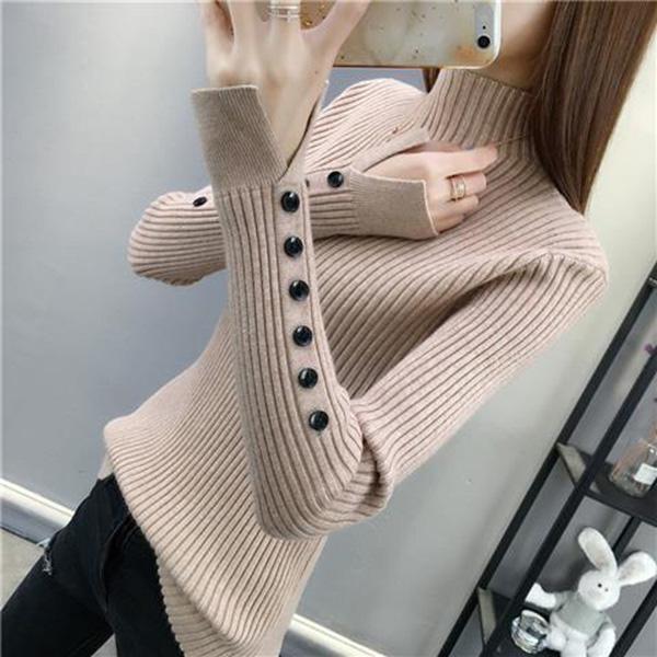 Autumn and Winter Half Turtleneck Loose Bottoming Shirt Button Split Sleeve Sweater Slim Casual Knit Sweater