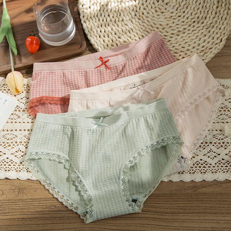 3pc Women's Panties Graphene Cotton Antibacterial File No Trace Middle Waist Sweet Student Girl