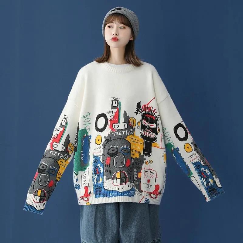 Women Oversized Sweater Autumn Winter Casual Loose Outerwear O Neck Pullover Sweater Coat Student Warm Jumpers Hip Hop Streetwear White Grey
