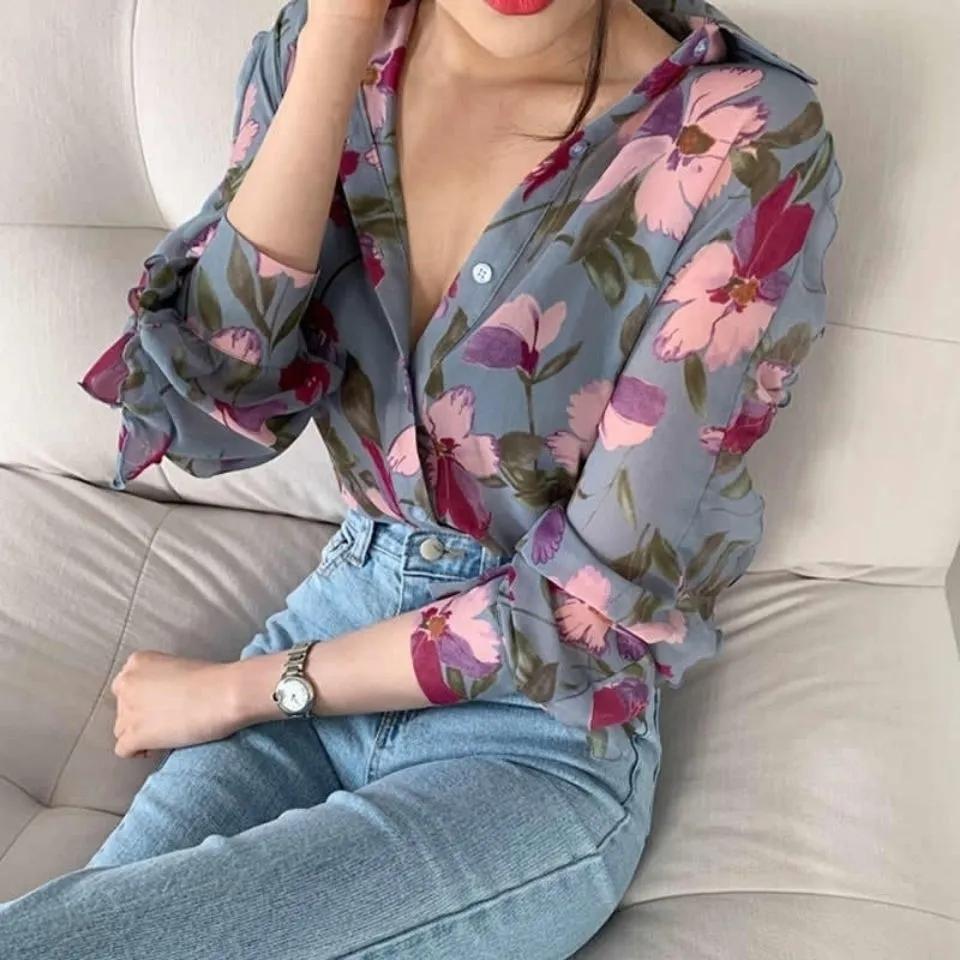 Floral Thin Chiffon Shirt Women Niche Western-style Tops Long Sleeve Shirts Cardigans Jacket Sunscreen Clothing All-match Blouse