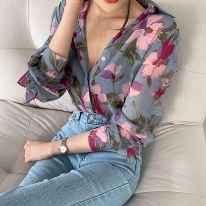 Floral Thin Chiffon Shirt Women Niche Western-style Tops Long Sleeve Shirts Cardigans Jacket Sunscreen Clothing All-match Blouse