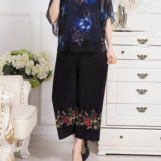 Women Summer Thin Pants Big Size Loose Elastic Waist Simple Cropped Pants High Waist Wide Leg Floral Printed Mothers' Casual Straight Pants