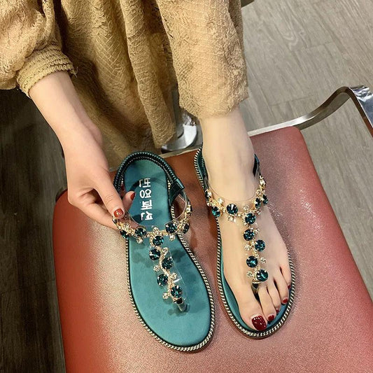 Women's Summer Sandals Shining Rhinestones All-match Flat Flip-flop Sandals Seaside Non-slip Beach Shoes Comfortable Sandals