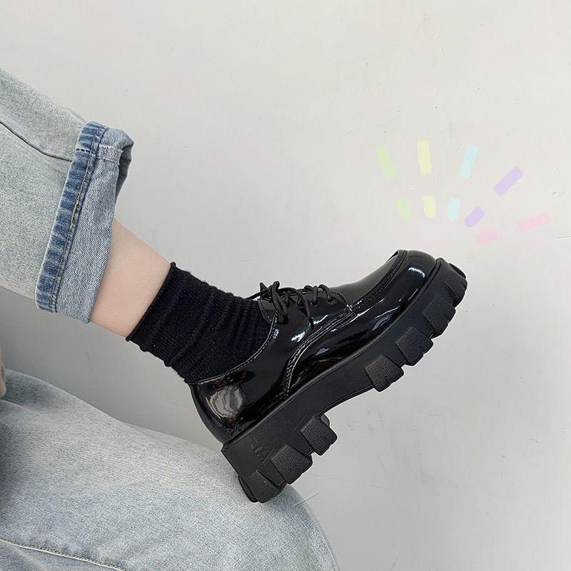 British Style Small Leather Shoes Women's Shoes Black Thick-soled Ladies All-match Platform Shoes Lace Up Patent Leather Single Shoes