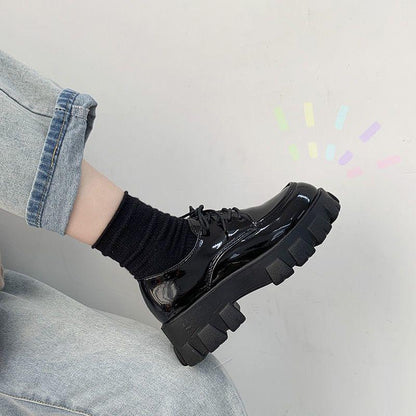 British Style Small Leather Shoes Women's Shoes Black Thick-soled Ladies All-match Platform Shoes Lace Up Patent Leather Single Shoes