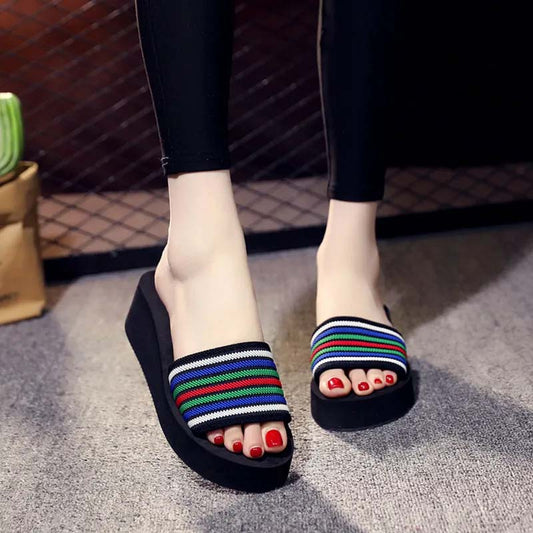 Thick-soled Beach Slippers Women's One-word Slippers Summer Casual Sandals All-match Outer Wear Seaside High-heeled Flip-flops Holiday Stripes Shoes