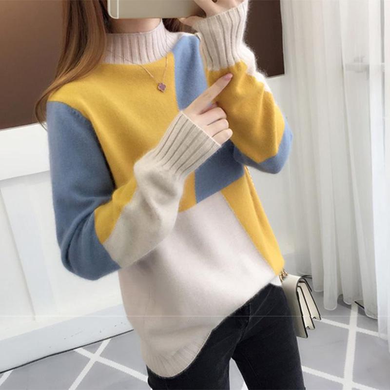 Autumn and Winter Color Matching Blouse Women's Student Long-sleeved Thick Knitted Bottoming Shirt