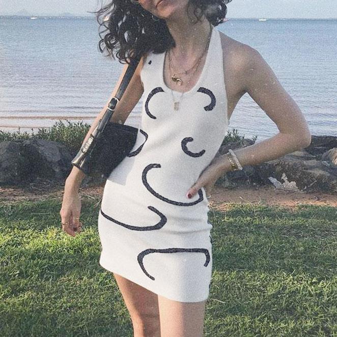 Female Summer Simple Wool Print Elegant Beach Dress Slim Wrap Hip Short Vintage Graceful Dress