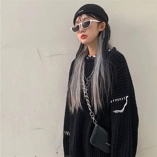 Sweater Women's Black Punk Gothic Streetwear Pullover Knitwear Loose Lazy Ripped Top Trendy Drawstring Sweater Autumn and Winter