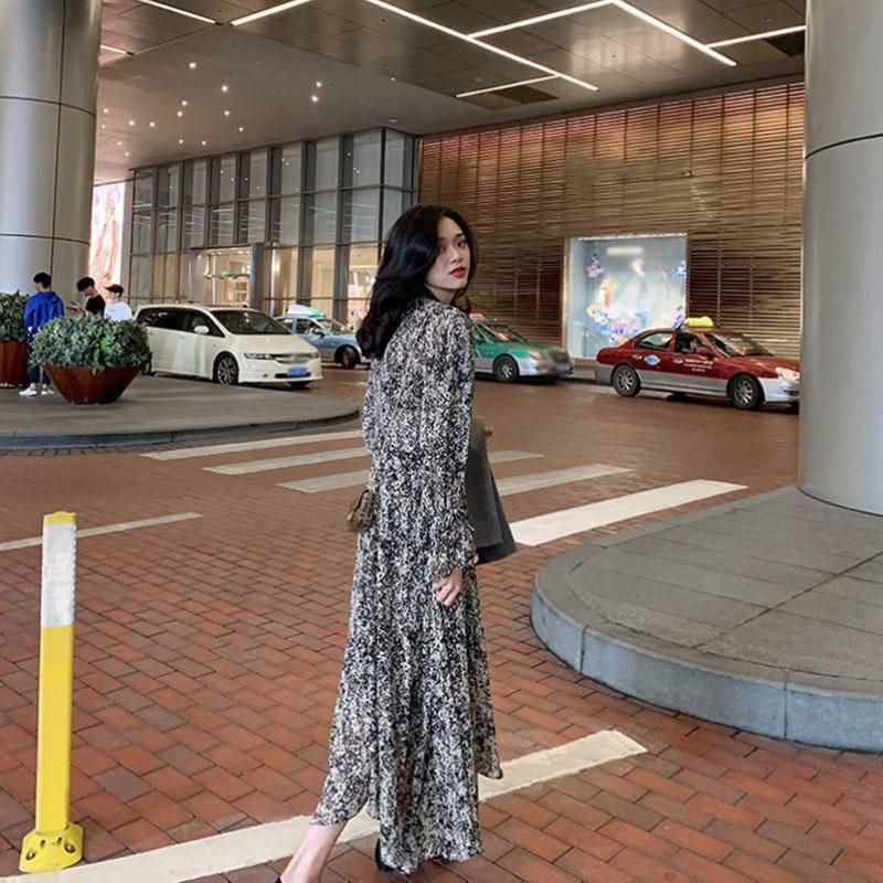 Floral Dress Black Over The Knee Long Sleeve Dress Women French Retro V-neck Summer Chiffon Skirt