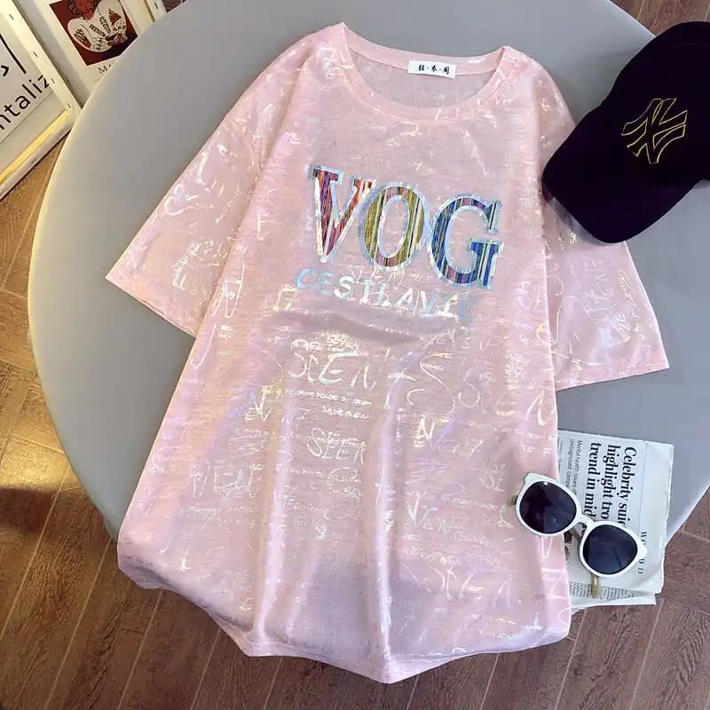Glossy Letters Mid-length Short-sleeved T-shirt Women Loose Wild All-match Hedging Sunscreen Top Ladies Loose Casual Mid-length T-shirt