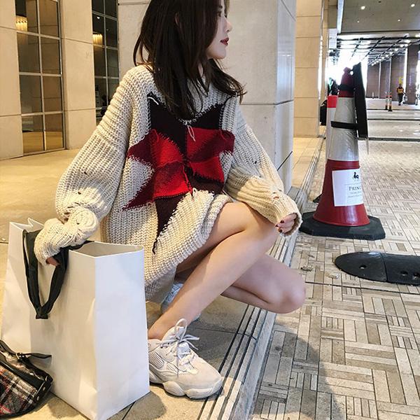 Autumn and Winter Casual Star Sweater Women Loose Hedging Open Air Long Coat Knitted Fashion Top