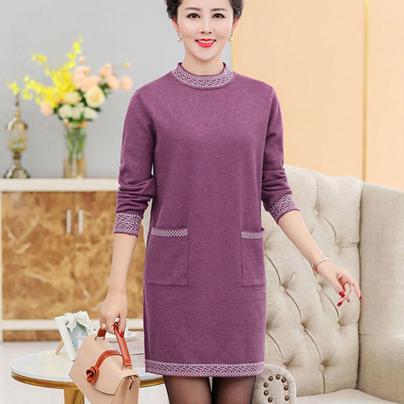 Autumn and Winter Thick Mid-length Dress Half High Neck Knitted Casual Bottoming Skirt Simple Temperament Middle-aged Women Sweater Dress