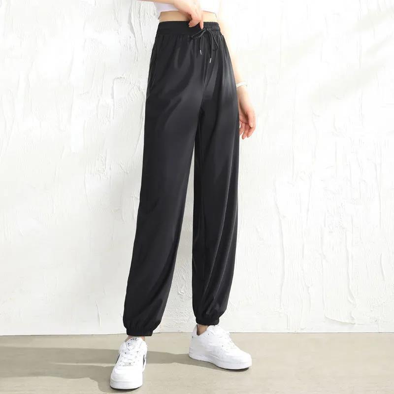 Summer Thin Letter Printing Ice Silk Casual Pants Women Loose and Thin Waist Nine-point Black Harlan Sweatpants