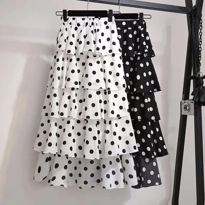 Little Daisy Polka Dot Skirt Mid-length Summer Fairy Skirt Chiffon Skirt Thin Cake Skirt A-line Skirt Female Fabric Light and Breathable