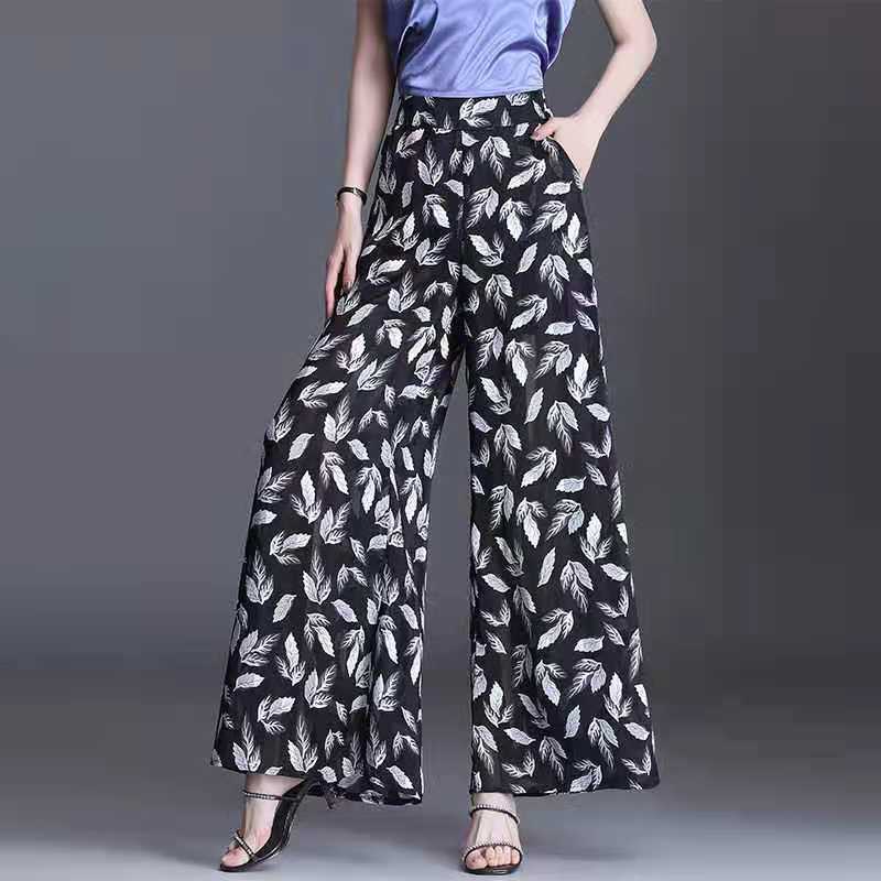 Flower Print Wide-leg Pants Women's Summer Large Size High Waist Loose Drape Thin Trousers Elastic Waist Skirt Pants
