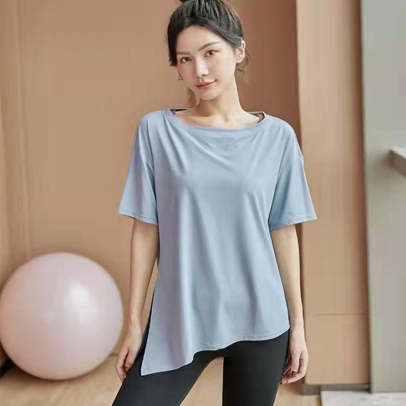 Sports Short-sleeved Women's Loose T-shirt Quick-drying Running Training Fitness Yoga Clothes Thin Slit Round Neck Top Plus Sized Clothes