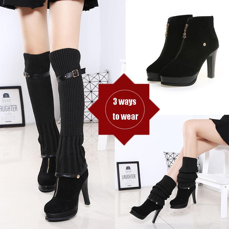 Women High Boots Stiletto High Heels Ladies Elastic Knee-high Boots Autumn  Winter Knit Plus Velvet Boots