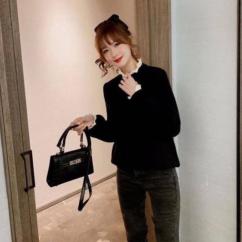 Autumn and Winter Korean Mid-length Red Knitted Sweater Women's Waist Lace Fake Two-piece Blouse