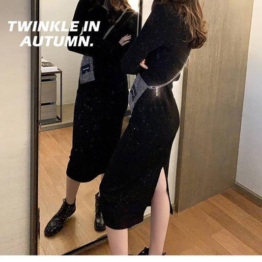 Shiny Long Sleeved Black Dress Sexy Slim Female Knee Length Dress Solid Elegant Party Dress Night