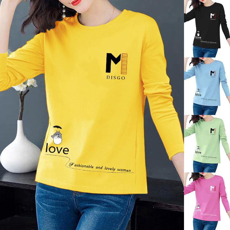 Spring Autumn Long Sleeve Crew Neck T Shirts Pullover Cute Letter Printed Casual Tops Ladies Blouse