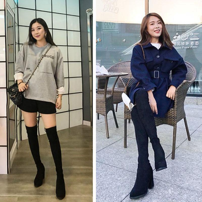 Black Elastic Flock Slim Fit Over The Knee Boots Women Autumn Winter Ladies High Heel Plus Velvet Thigh High Boots Chunky Heel Suede Boots