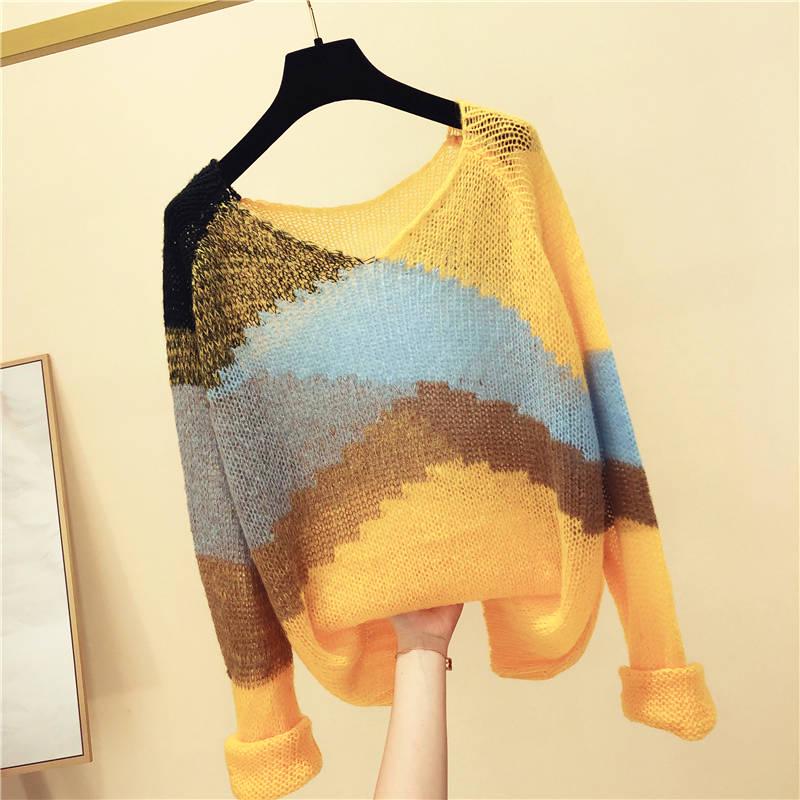 Pofulove Sweater Women's Spring Autumn Thin Pullover Long-sleeved Sweater Loose Lazy chic Blouse