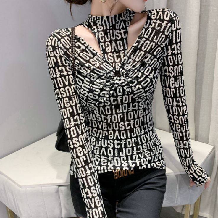Fashion Hollow Bottoming Shirt Letter Printing Long-sleeved Pullover T-shirt Personality Street Women's Top